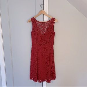 David’s Bridal Knee Length Lace Bridesmaid Dress in Apple Red